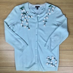 Talbots floral mint Pom Pom crew neck cardigan
